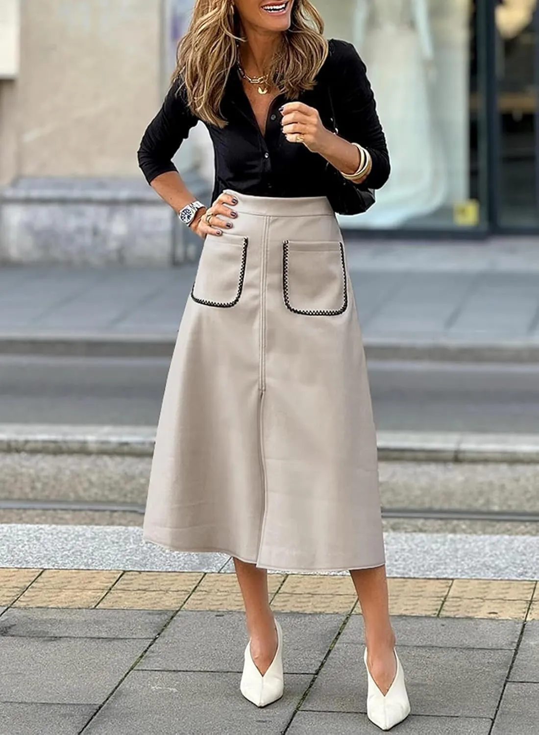 Happy Sailed Women's Faux Suede Skirt Spring Winter Elastic Waist Front Pockets A Line Midi Skirts with Split