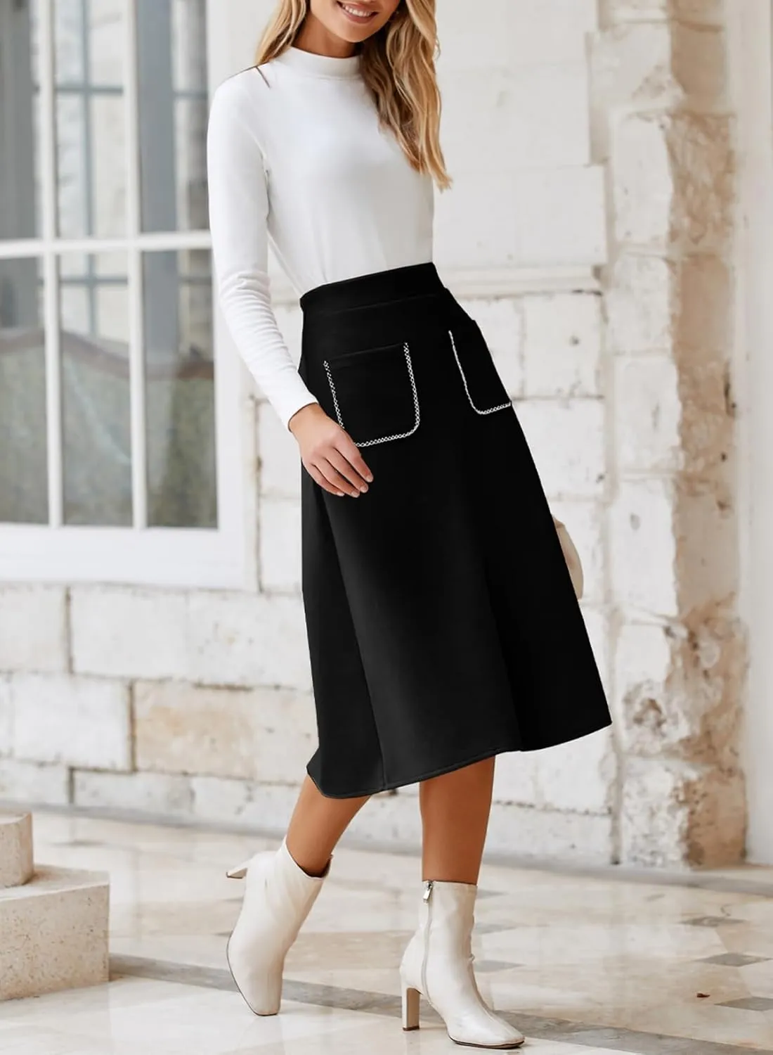 Happy Sailed Women's Faux Suede Skirt Spring Winter Elastic Waist Front Pockets A Line Midi Skirts with Split