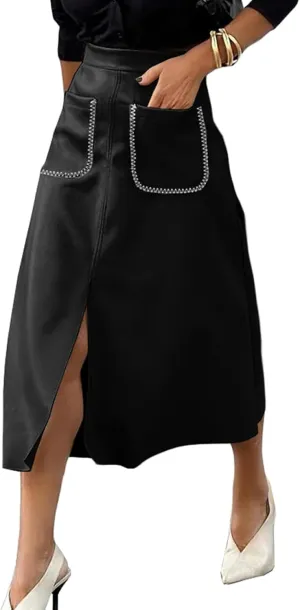 Happy Sailed Women's Faux Suede Skirt Spring Winter Elastic Waist Front Pockets A Line Midi Skirts with Split