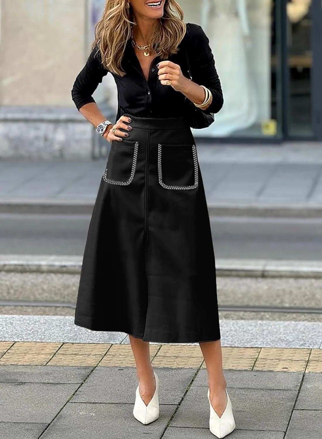 Happy Sailed Women's Faux Suede Skirt Spring Winter Elastic Waist Front Pockets A Line Midi Skirts with Split