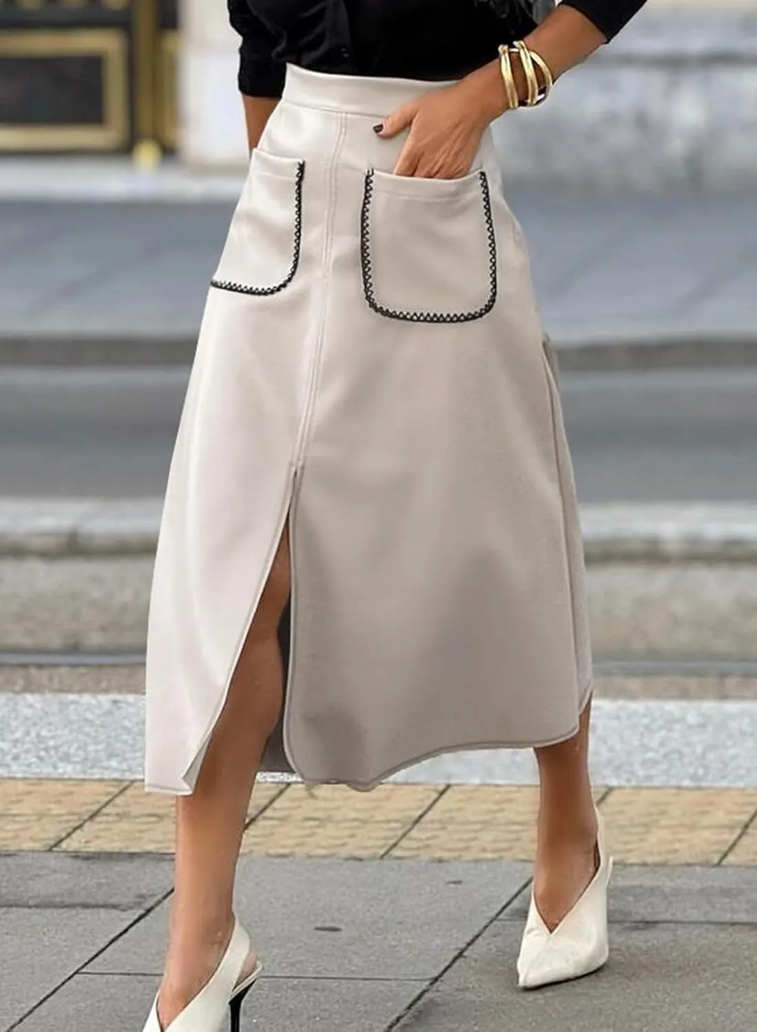 Happy Sailed Women's Faux Suede Skirt Spring Winter Elastic Waist Front Pockets A Line Midi Skirts with Split
