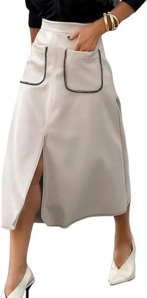 Happy Sailed Women's Faux Suede Skirt Spring Winter Elastic Waist Front Pockets A Line Midi Skirts with Split