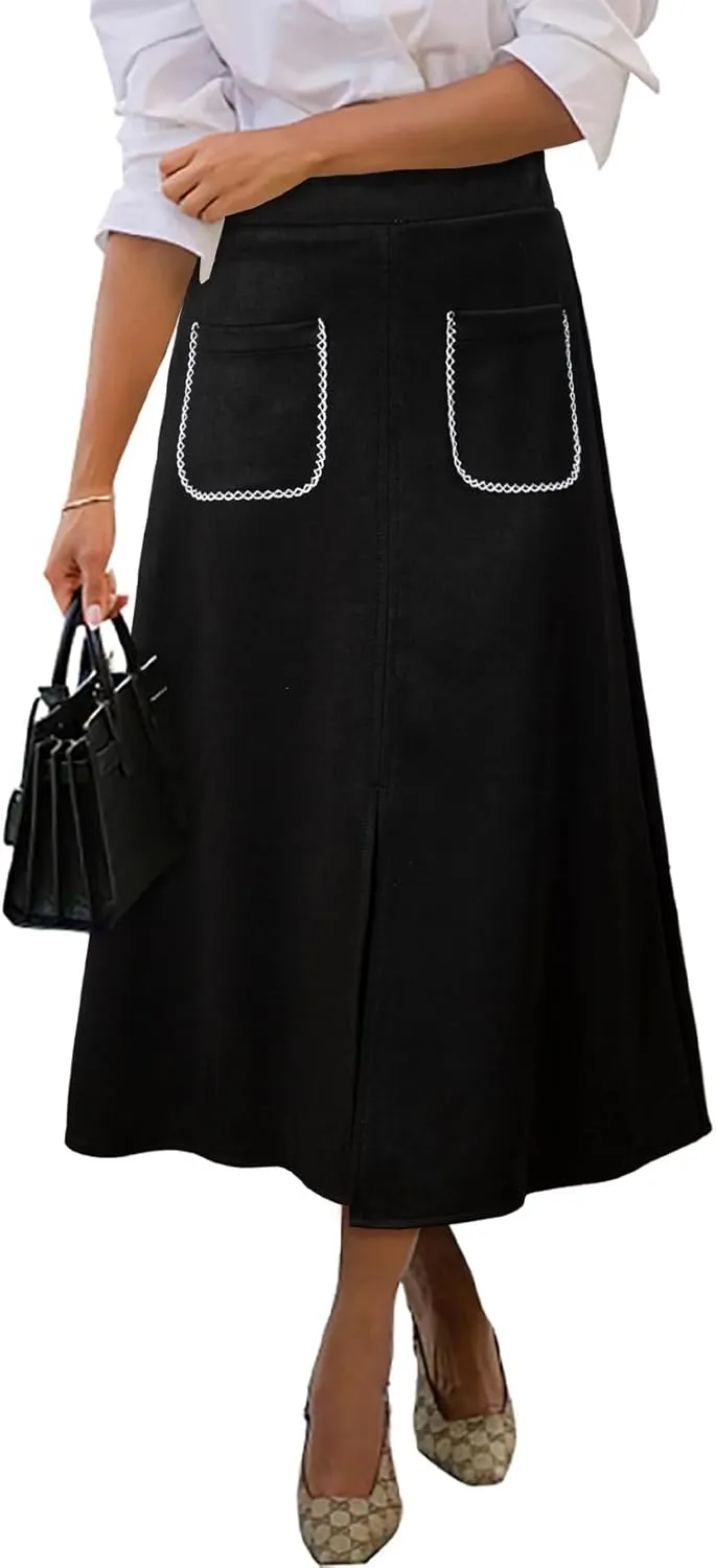 Happy Sailed Women's Faux Suede Skirt Spring Winter Elastic Waist Front Pockets A Line Midi Skirts with Split