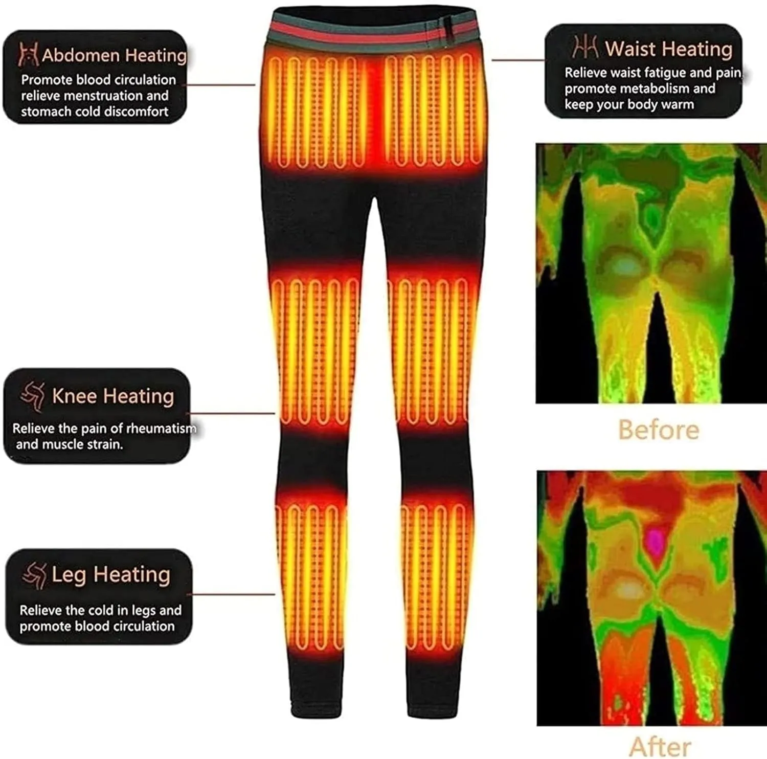 Heated Leggings for Men Women - Electric Heating Trousers Thermal Underwear, W/ 3 Heat Zones for Camping, Skiing