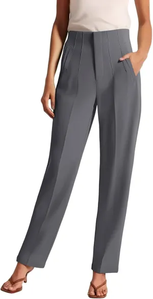 High Waisted Wide Leg Office Work Dress Pants for Women Business Casual Pull on Straight Leg Slacks Trousers Pockets