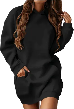 Hoodie Dress for Women Solid Colour Long Sleeve Pullover Tops with Pocket Oversized Casual Fashion Sweatshirt Dress