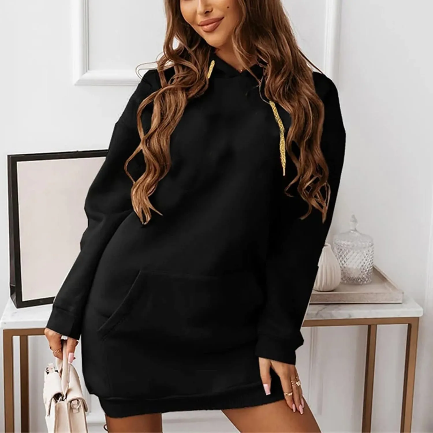 Hoodie Dress for Women Solid Colour Long Sleeve Pullover Tops with Pocket Oversized Casual Fashion Sweatshirt Dress