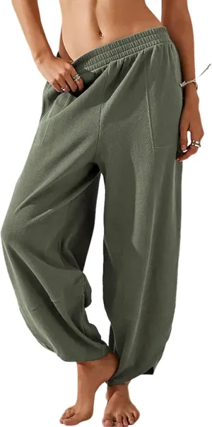 Hooever Women's Wide Leg Harem Pants Baggy Elastic Waisted Cotton Palazzo Pants Summer Beach Trousers