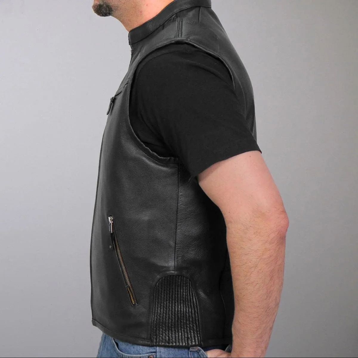 Hot Leathers Men's Standard V-Neck Leather Biker Vests, Vsm1037-black