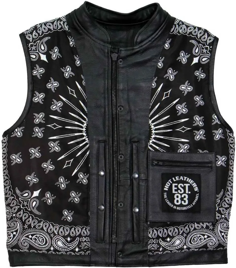 Hot Leathers Men's Standard V-Neck Leather Biker Vests, Vsm1049-black