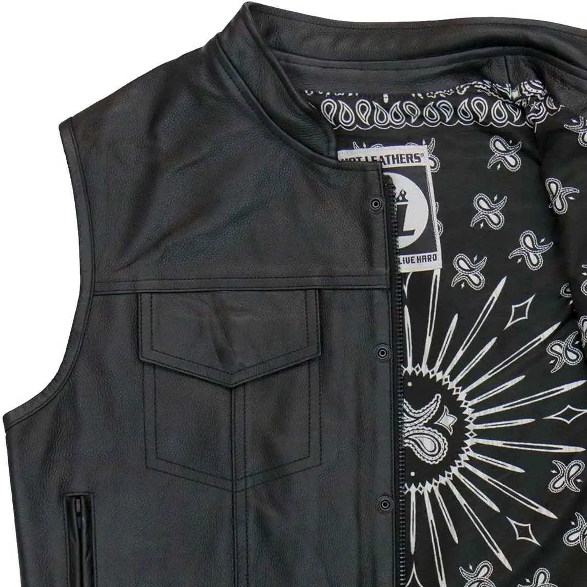 Hot Leathers Men's Standard V-Neck Leather Biker Vests, Vsm1049-black