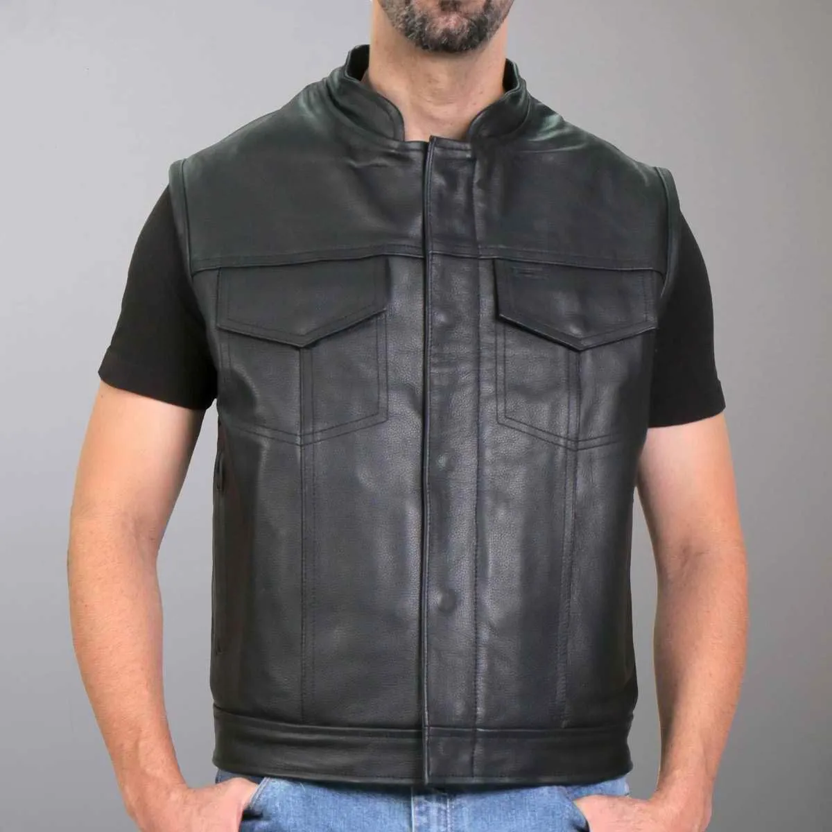 Hot Leathers Men's Standard V-Neck Leather Biker Vests, Vsm1053-black
