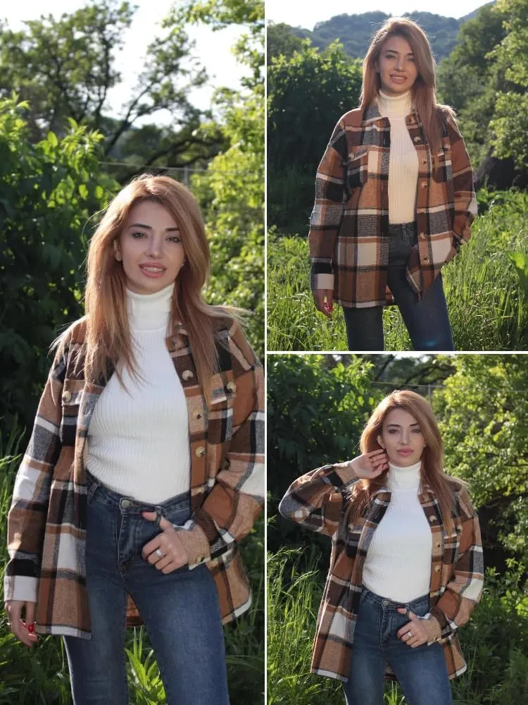 HOTOUCH Womens Flannel Plaid Shacket Jacket Button Down Tartan Trench with Pocket Long Sleeve Cropped Fashion Coat S-XXL