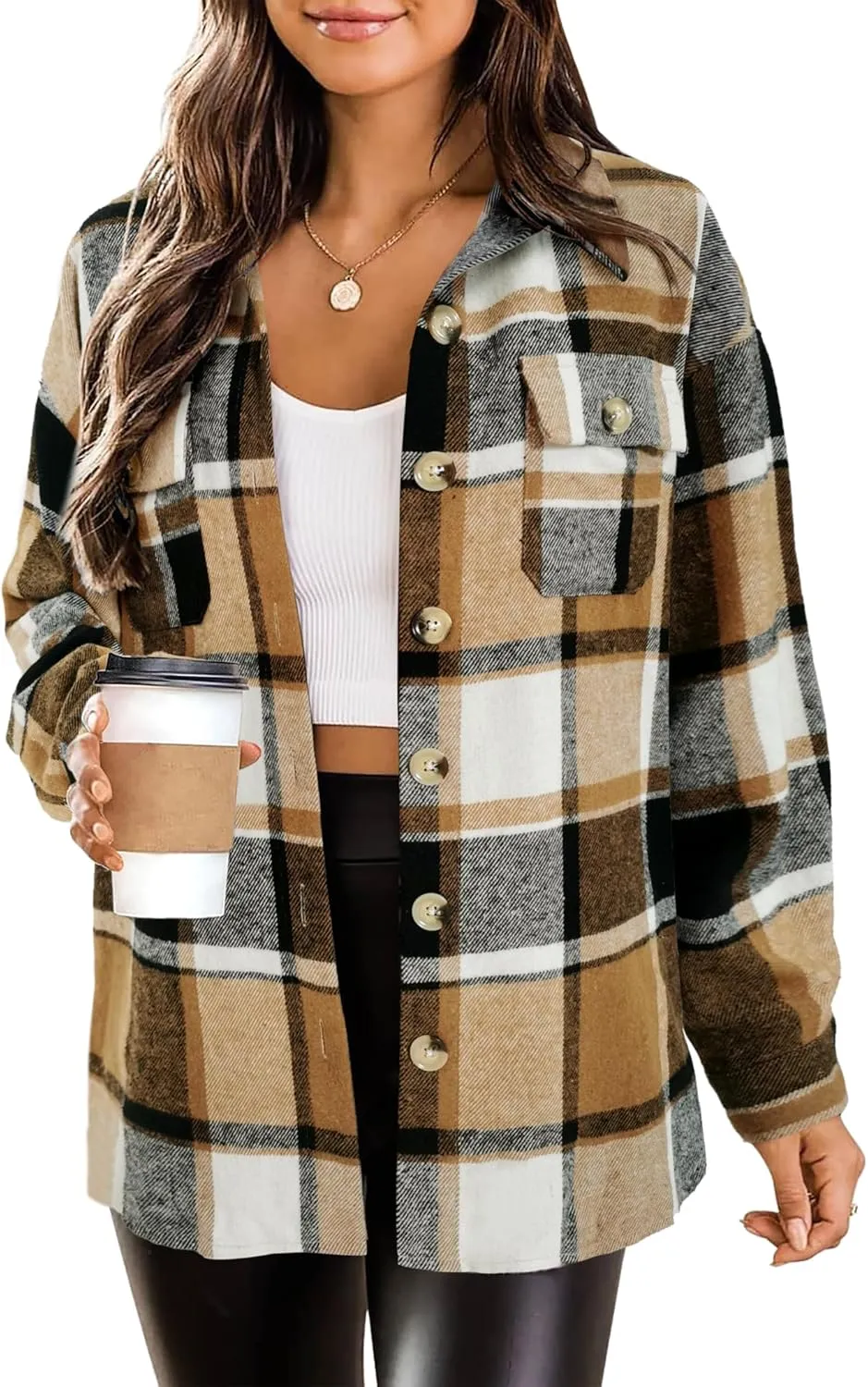 HOTOUCH Womens Flannel Plaid Shacket Jacket Button Down Tartan Trench with Pocket Long Sleeve Cropped Fashion Coat S-XXL
