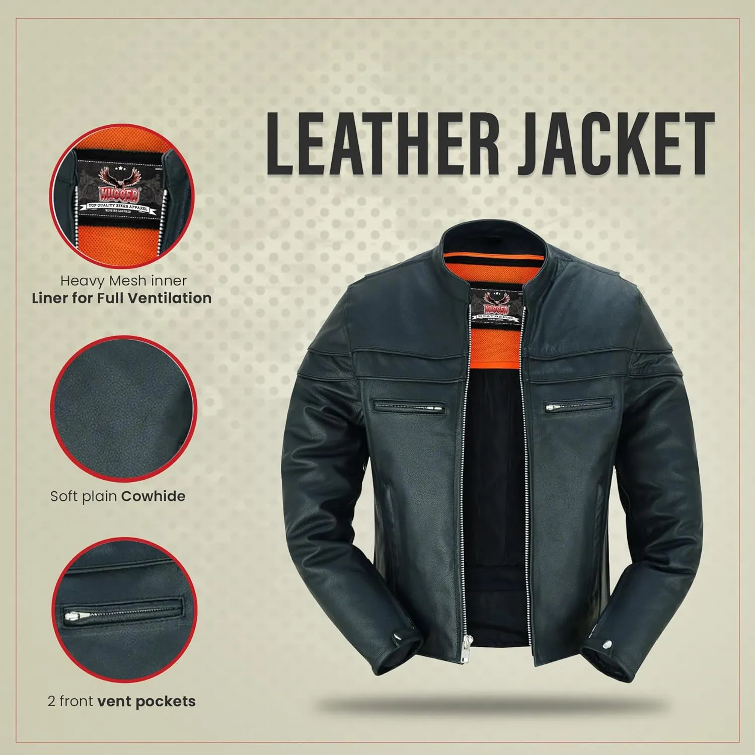 Hugger Mens Motorcycle Leather Jacket With stand collar Biker Caf jacket with Concealment Armory Pockets