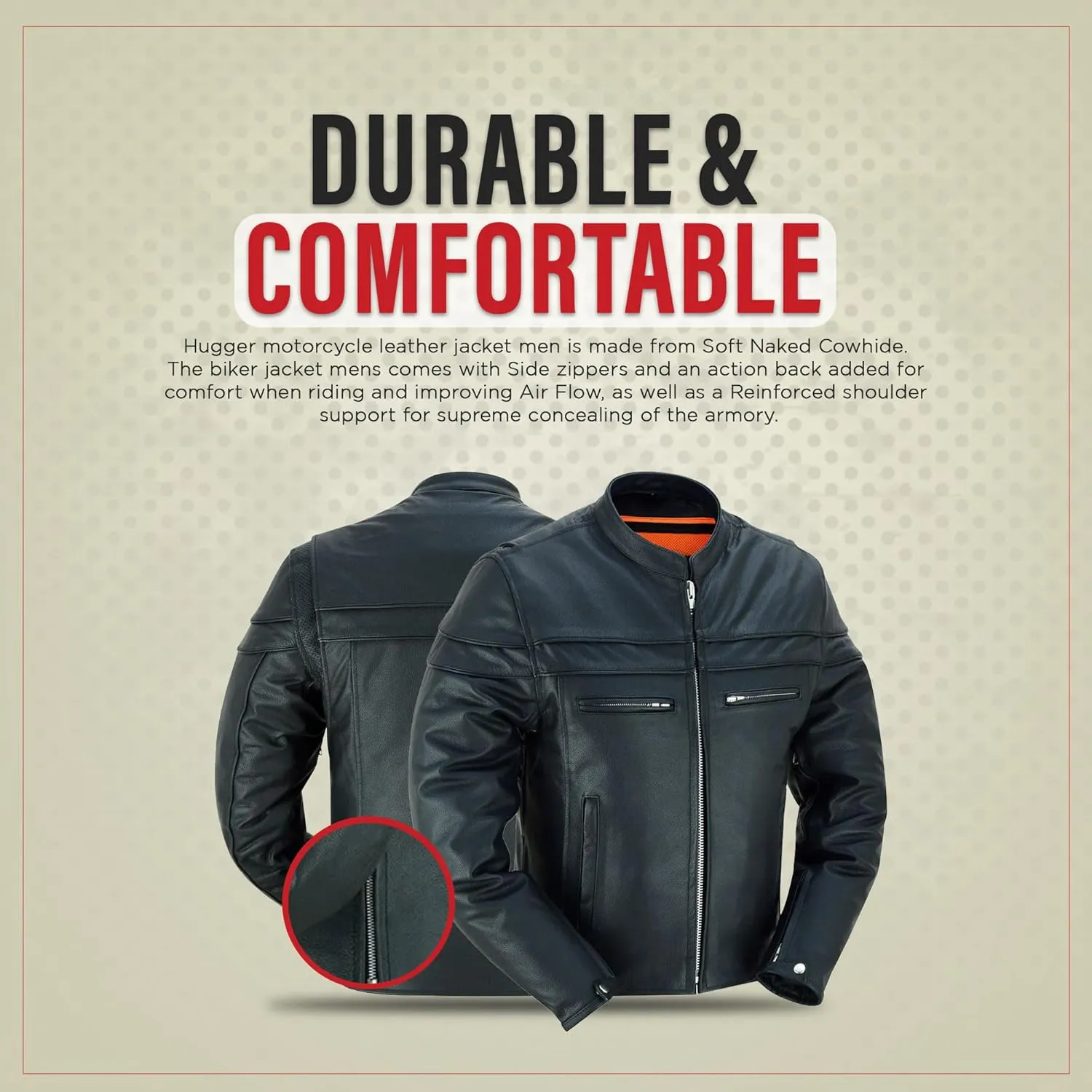 Hugger Mens Motorcycle Leather Jacket With stand collar Biker Caf jacket with Concealment Armory Pockets