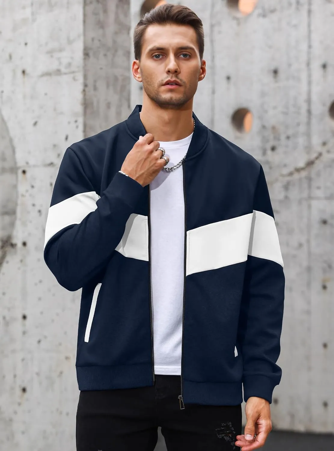 HYPESTFIT Mens Lightweight Jacket Casual Bomber Jacket Color Block Varsity Coat