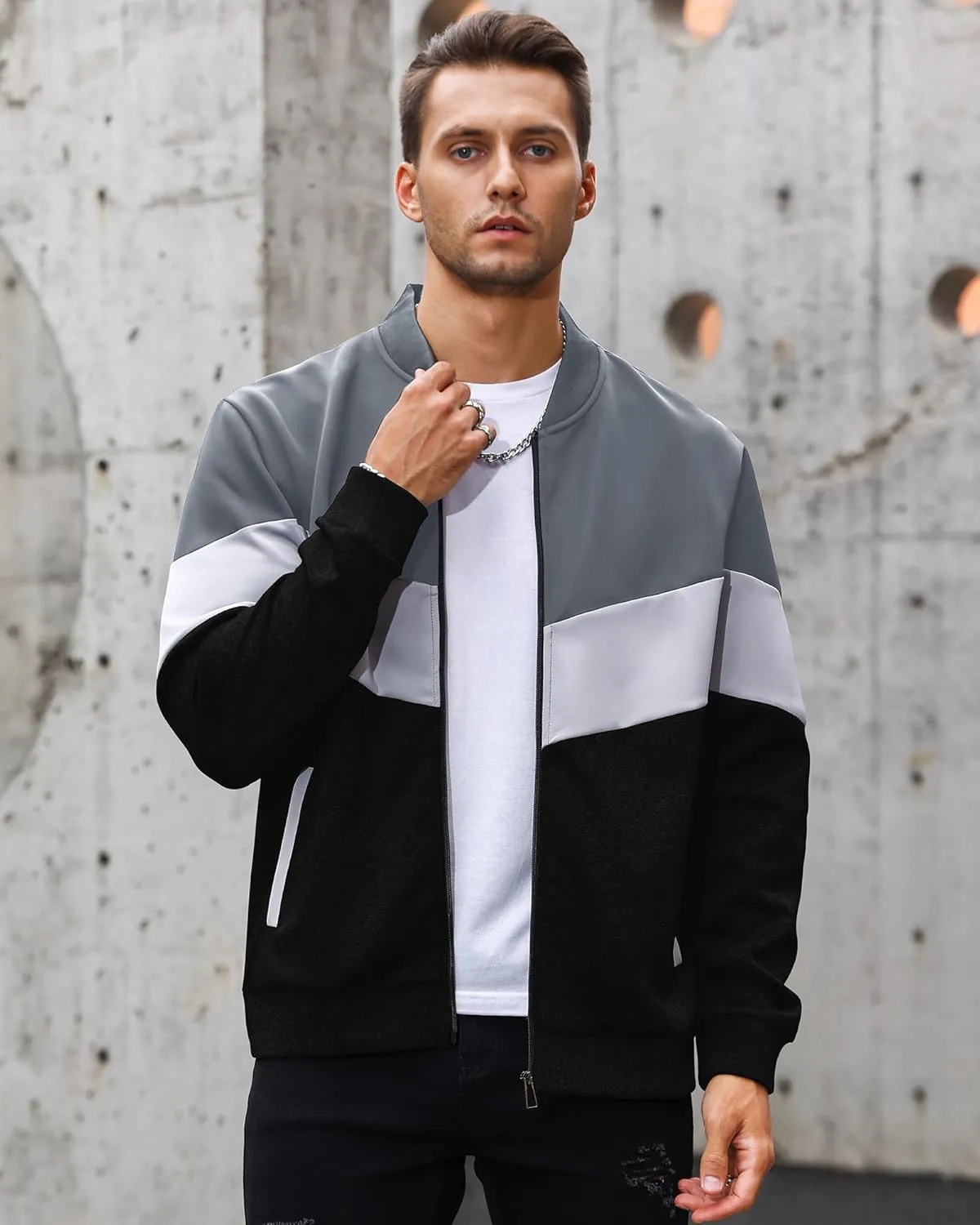 HYPESTFIT Mens Lightweight Jacket Casual Bomber Jacket Color Block Varsity Coat