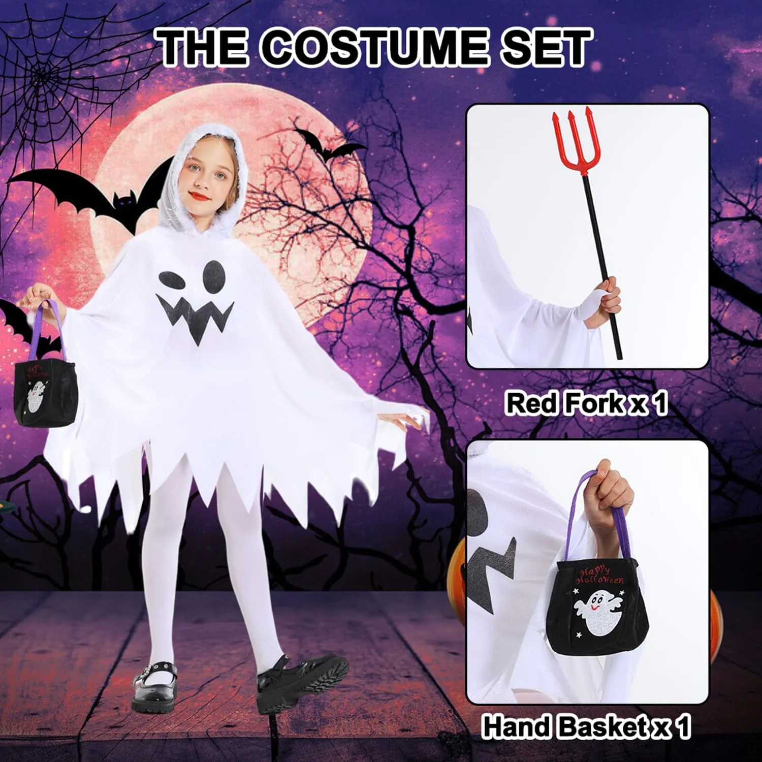 IBQ Ghost Costume Kids Scary Glow in the Dark Halloween Costumes White Ghost Boo Cosplay Spooky Hooded Cloak with Accessories