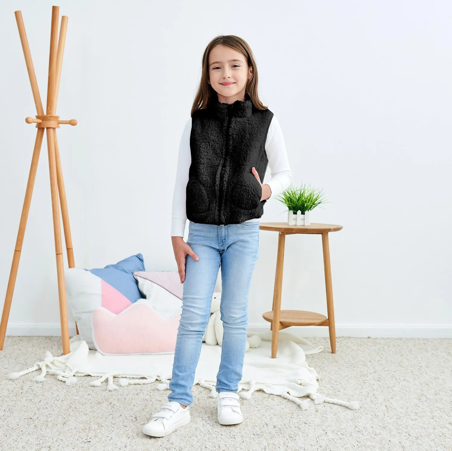 JESKIDS Girls' Boys Sherpa Fleece Vest Outwear Lightweight Solid Color Cute Jacket with Pockets 2-11 Years