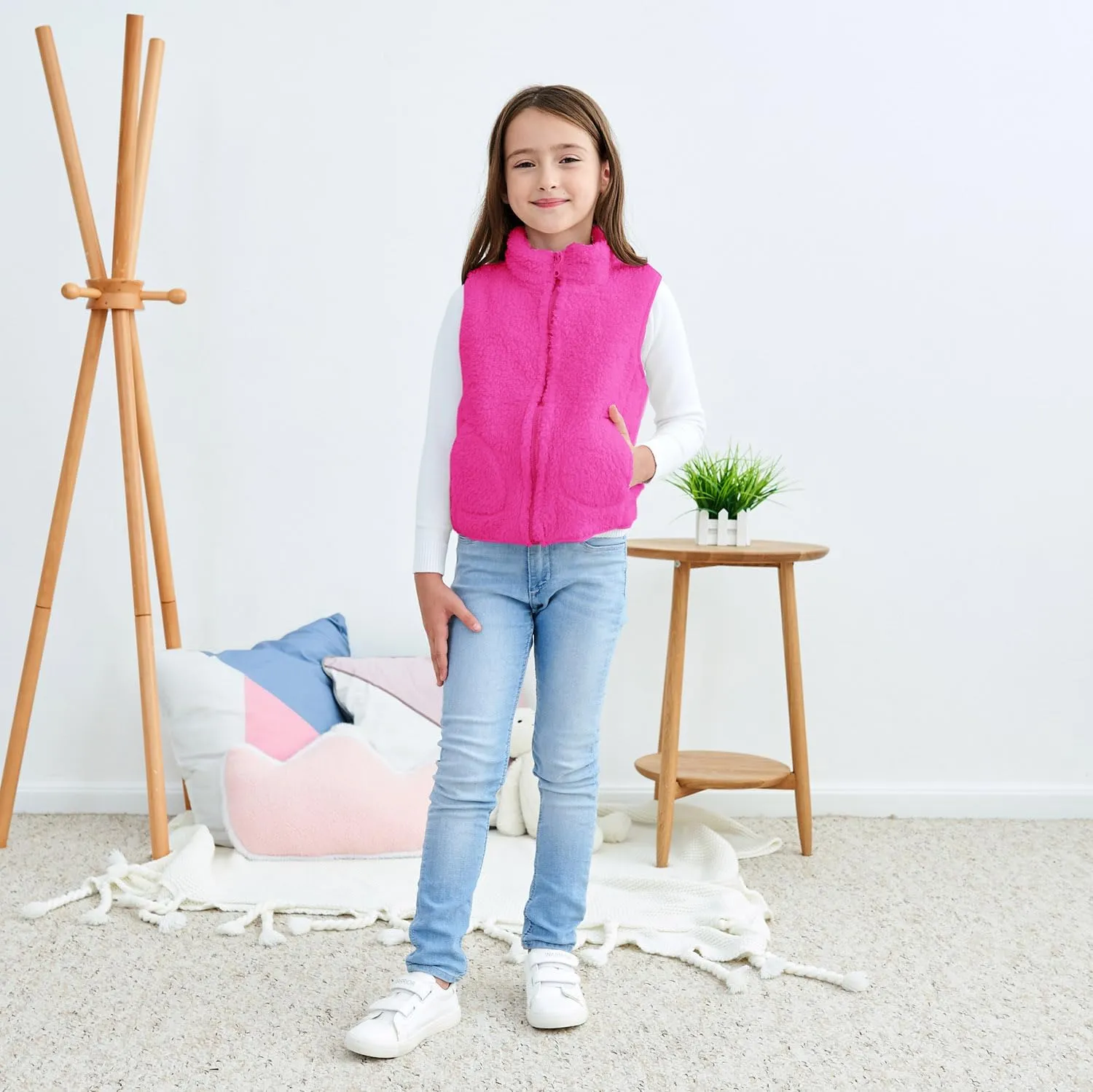 JESKIDS Girls' Boys Sherpa Fleece Vest Outwear Lightweight Solid Color Cute Jacket with Pockets 2-11 Years