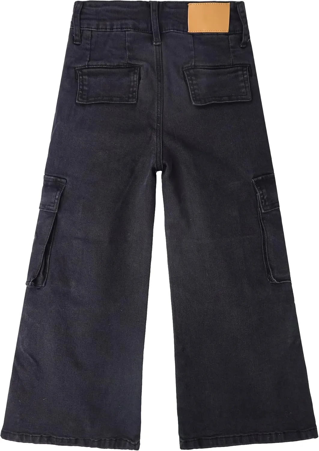 KIDSCOOL SPACE Girls' Cargo Jeans with Flap Pocket, Wide Leg and Split Hem Boyfriend Denim Pants