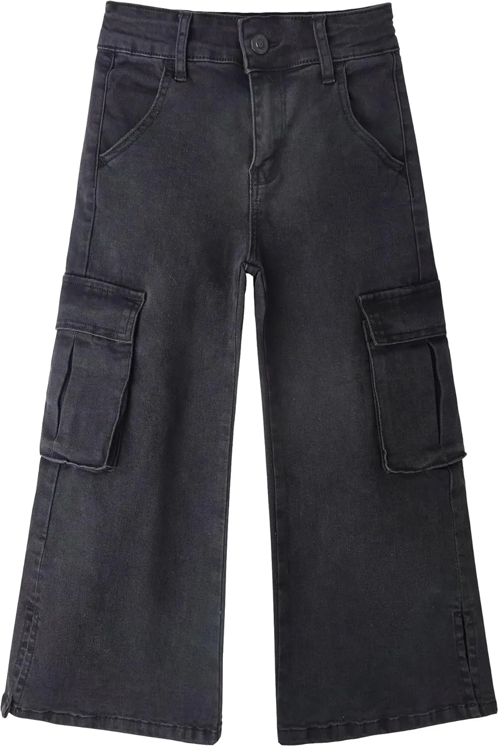 KIDSCOOL SPACE Girls' Cargo Jeans with Flap Pocket, Wide Leg and Split Hem Boyfriend Denim Pants