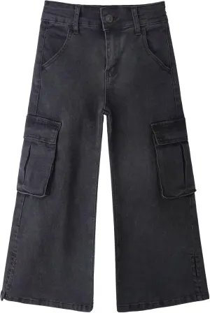 KIDSCOOL SPACE Girls' Cargo Jeans with Flap Pocket, Wide Leg and Split Hem Boyfriend Denim Pants