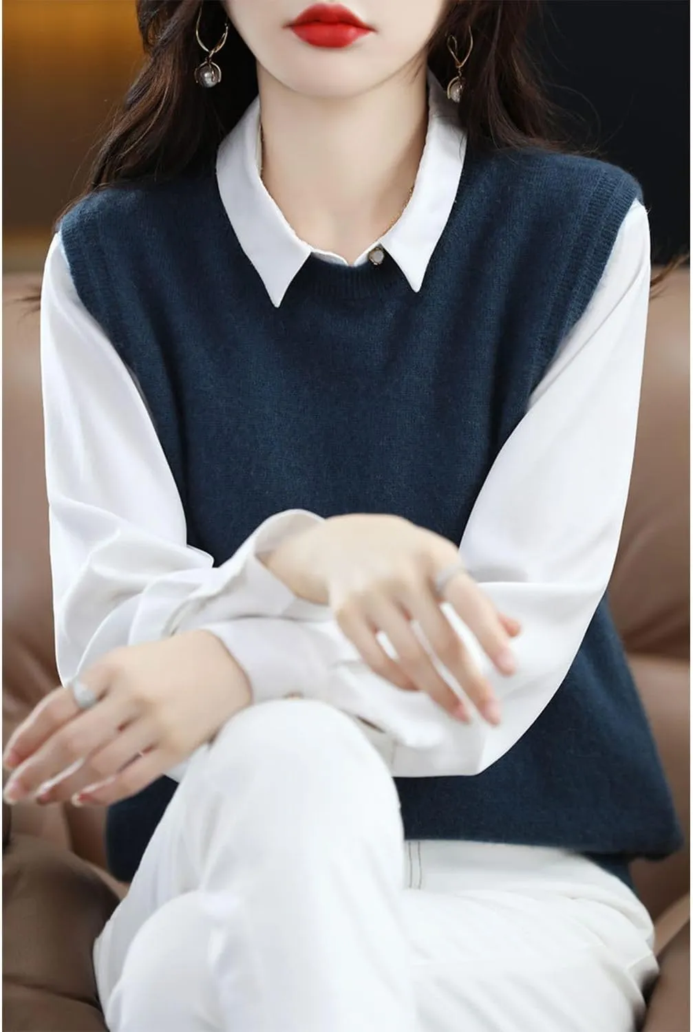 Knitted O-Neck Vest Women's Sweater 100% Merino Wool Sleeveless Pullover Basic Vest Short Tops