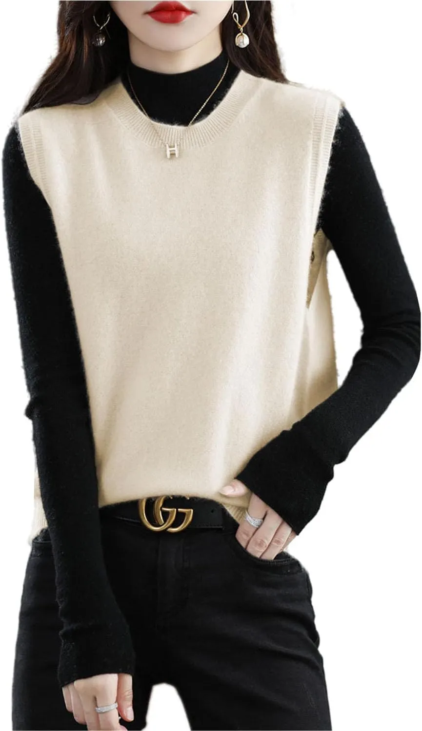 Knitted O-Neck Vest Women's Sweater 100% Merino Wool Sleeveless Pullover Basic Vest Short Tops