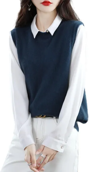 Knitted O-Neck Vest Women's Sweater 100% Merino Wool Sleeveless Pullover Basic Vest Short Tops