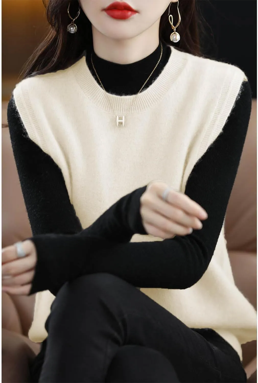 Knitted O-Neck Vest Women's Sweater 100% Merino Wool Sleeveless Pullover Basic Vest Short Tops