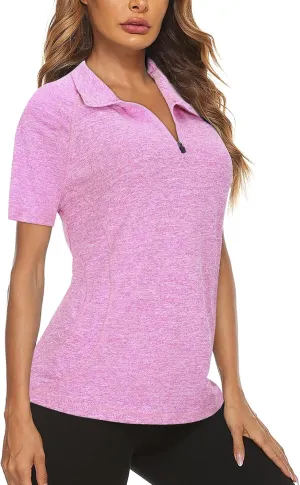 Koscacy Womens Quarter Zip Polo Shirts Short Sleeve Quick Dry Golf Tennis Athletic Tops (S-2XL)
