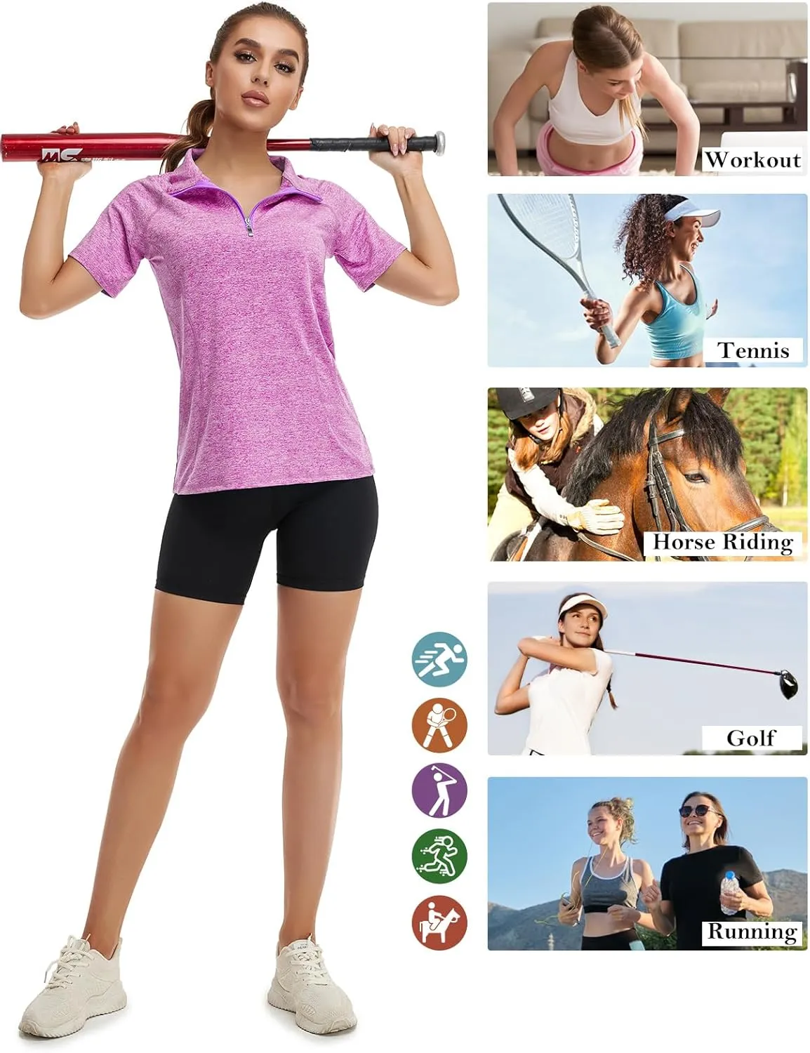 Koscacy Womens Quarter Zip Polo Shirts Short Sleeve Quick Dry Golf Tennis Athletic Tops (S-2XL)