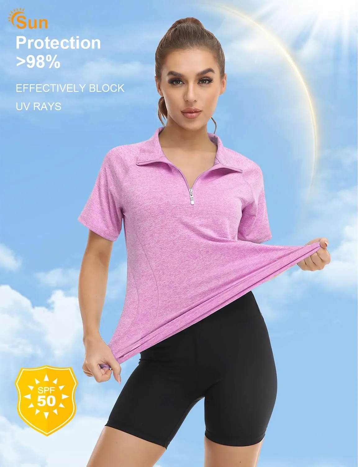 Koscacy Womens Quarter Zip Polo Shirts Short Sleeve Quick Dry Golf Tennis Athletic Tops (S-2XL)