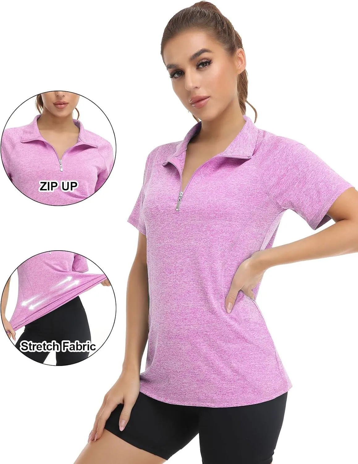 Koscacy Womens Quarter Zip Polo Shirts Short Sleeve Quick Dry Golf Tennis Athletic Tops (S-2XL)