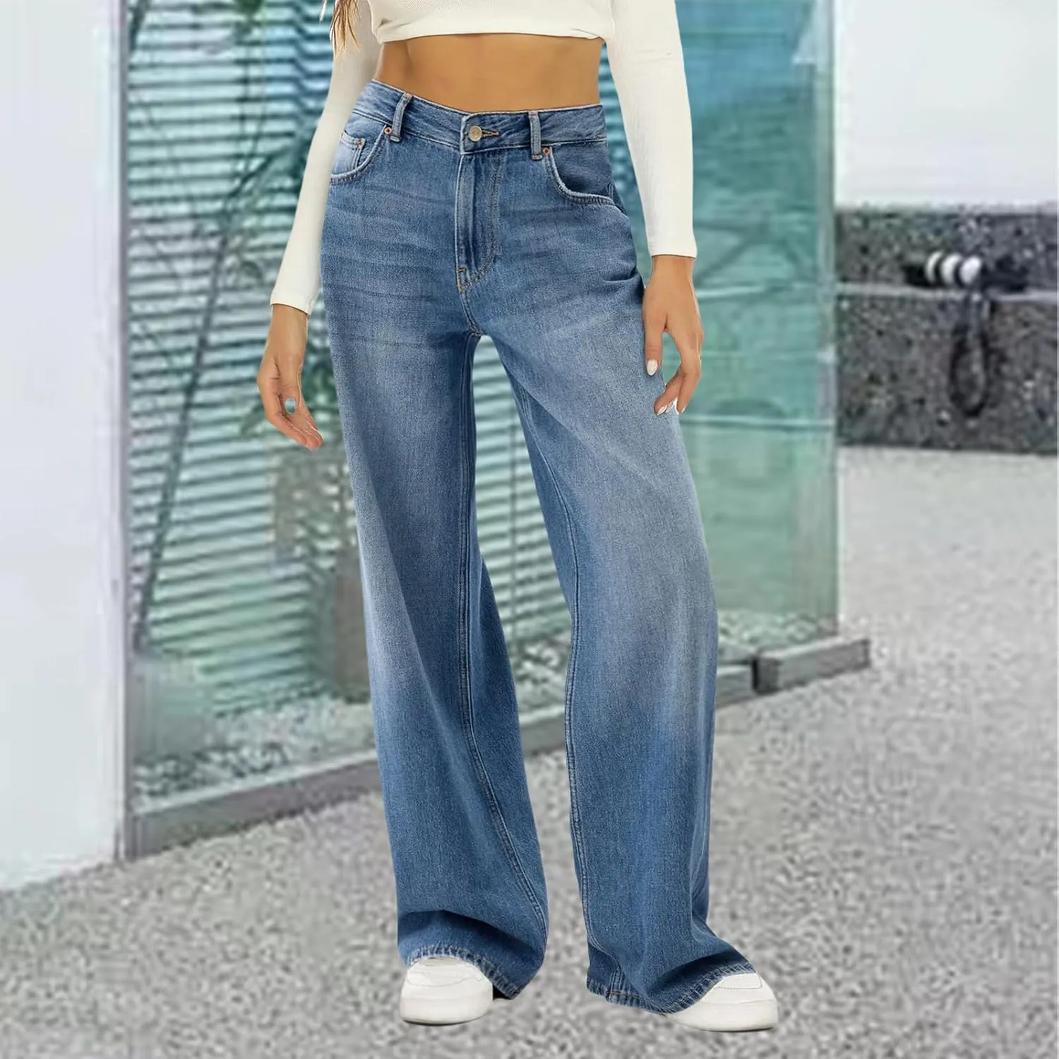 Kubbon Womens Wide Leg Jeans Baggy High Waist Straight Leg Denim Pants Casual Loose Fit Stretchy Trousers with Pockets