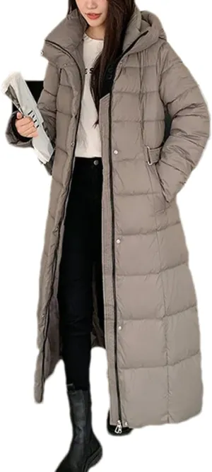 Ladies Hooded Solid Stripe Long Parka Coat Classic Tighten The Waist Pockets Cotton-Padded Jacket