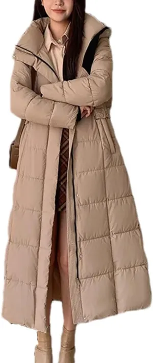 Ladies Hooded Solid Stripe Long Parka Coat Classic Tighten The Waist Pockets Cotton-Padded Jacket