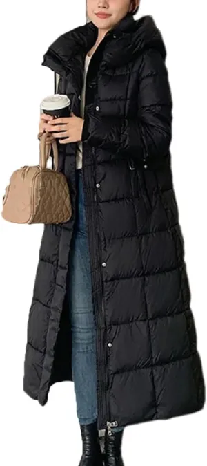 Ladies Hooded Solid Stripe Long Parka Coat Classic Tighten The Waist Pockets Cotton-Padded Jacket