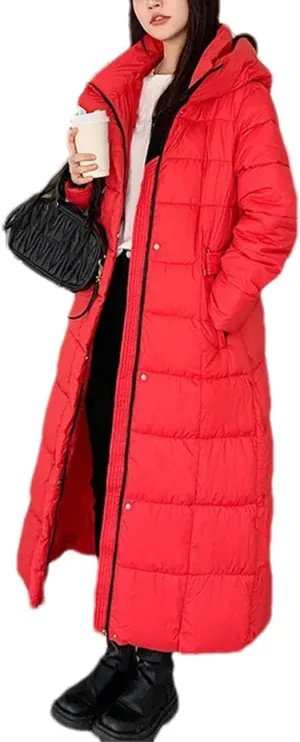 Ladies Hooded Solid Stripe Long Parka Coat Classic Tighten The Waist Pockets Cotton-Padded Jacket