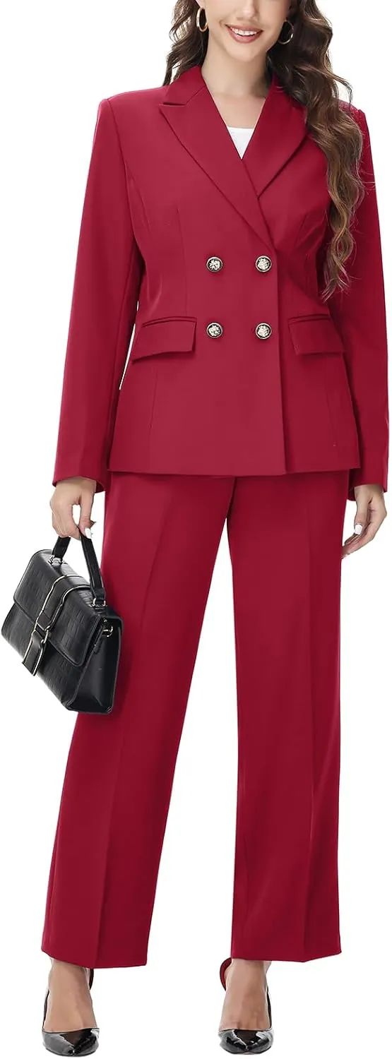 Lamgool Women's 2 Piece Set Double Breasted Blazer and Pants Suit Business Outfits for Work Office