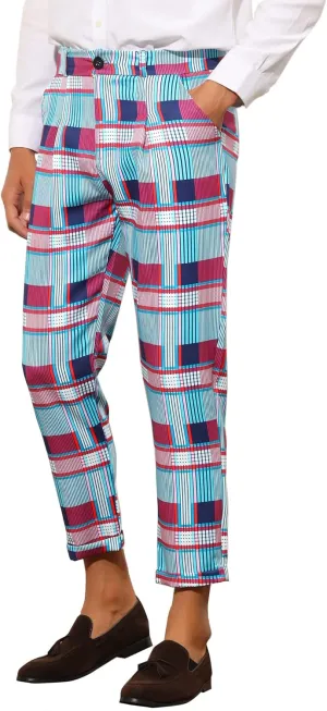 Lars Amadeus Plaid Dress Pants for Men's Slim Fit Ankle Length Tapered Checked Cropped Trousers