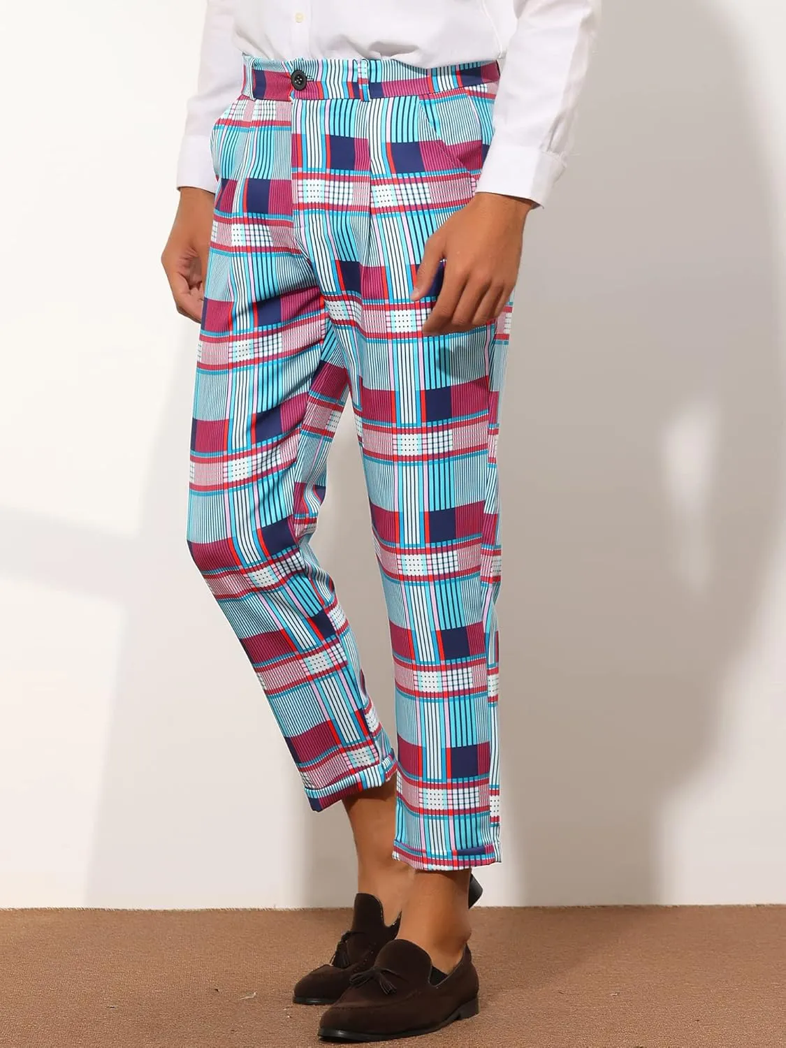 Lars Amadeus Plaid Dress Pants for Men's Slim Fit Ankle Length Tapered Checked Cropped Trousers