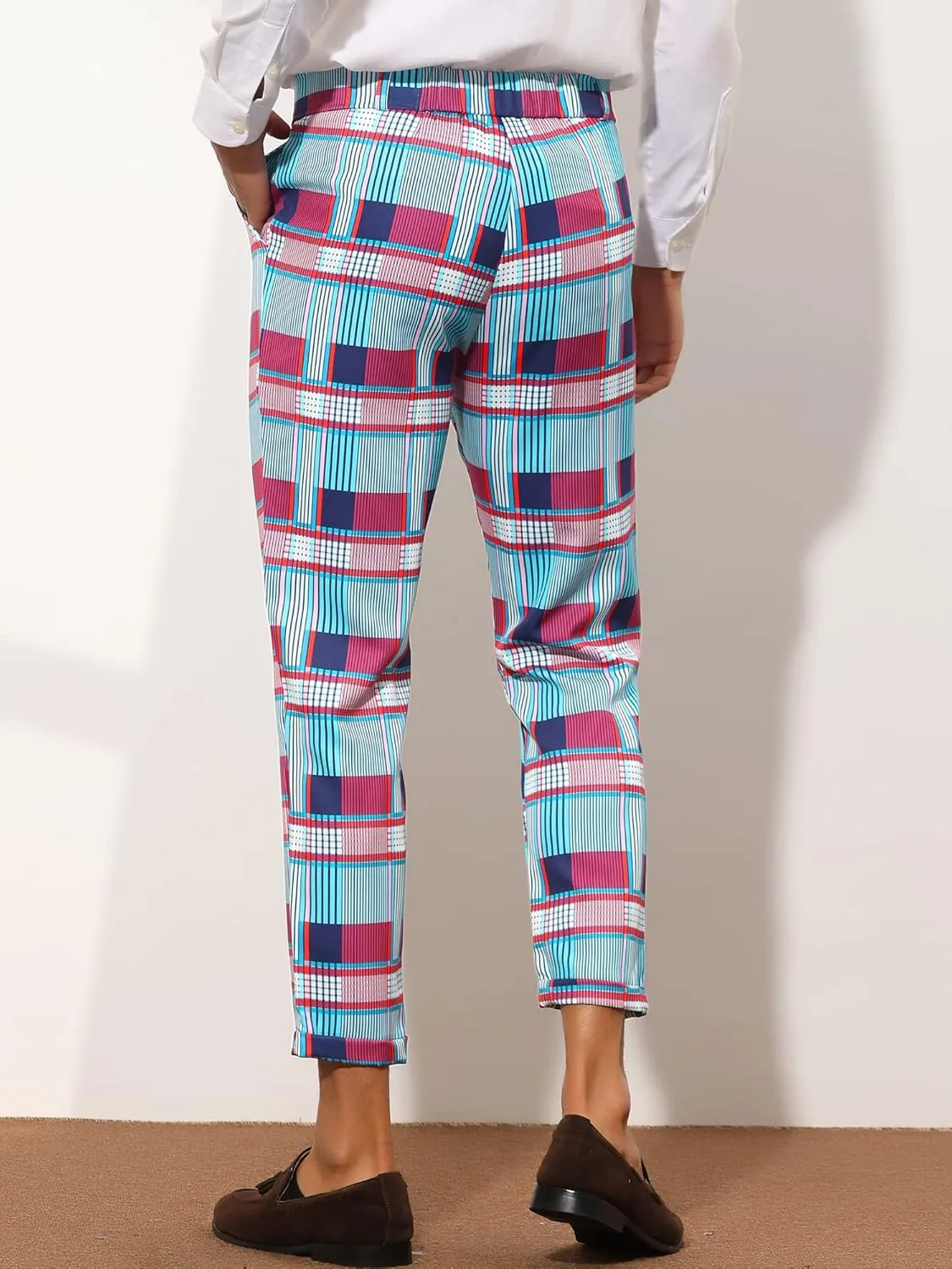 Lars Amadeus Plaid Dress Pants for Men's Slim Fit Ankle Length Tapered Checked Cropped Trousers