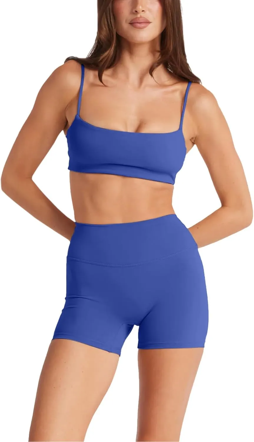 LASLULU Womens Adjustable Spaghetti Straps Sports Bra Square Neck Wireless Padded Workout Yoga Crop Tops