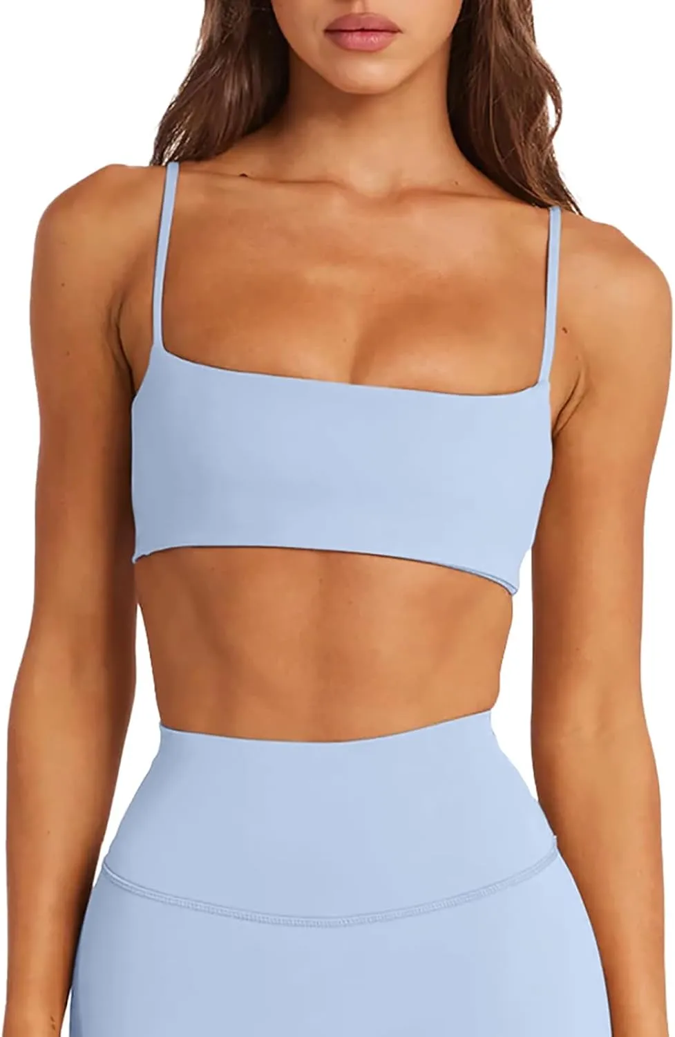 LASLULU Womens Adjustable Spaghetti Straps Sports Bra Square Neck Wireless Padded Workout Yoga Crop Tops