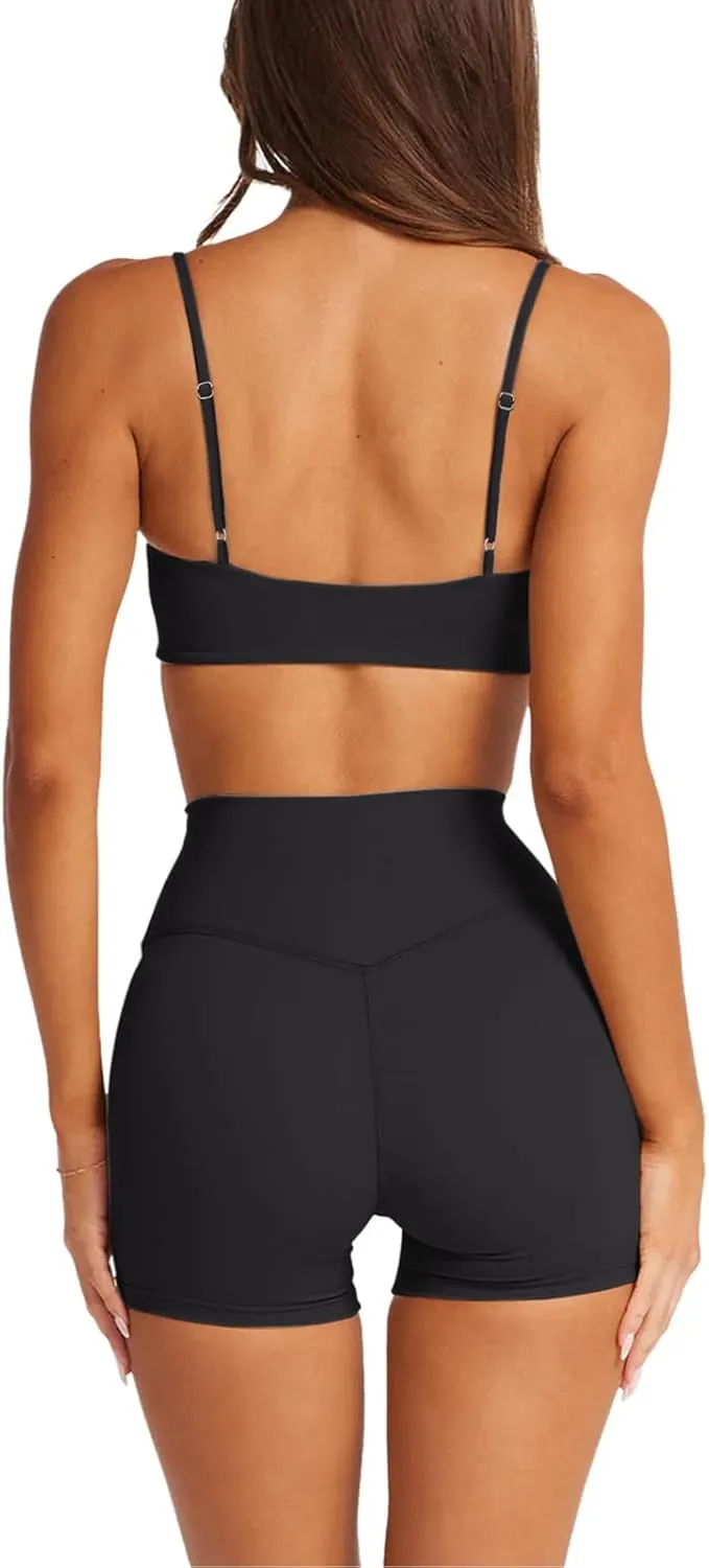 LASLULU Womens Adjustable Spaghetti Straps Sports Bra Square Neck Wireless Padded Workout Yoga Crop Tops