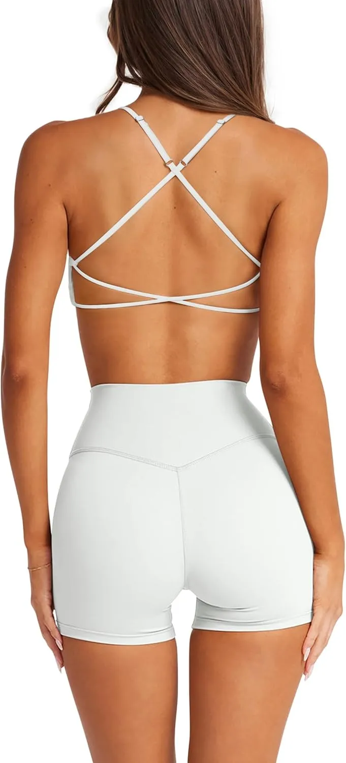 LASLULU Womens Double Lined Criss Cross Sports Bra Sexy Adjustable Spaghetti Straps Wireless Workout Bralettes No Padding