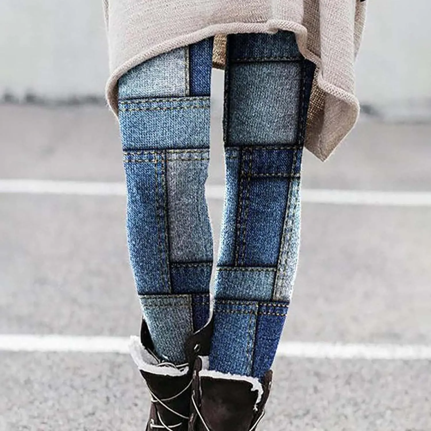 LAWOR Womens Fleece Leggings Denim Printed Casual Boot Leggings Warm High Waisted Fall Winter Pants Trendy Tight Pants